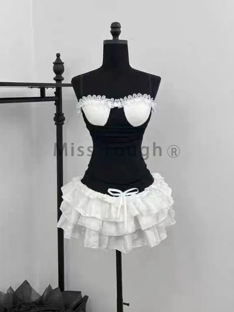 Women's Lace Top & Bow Mini Skirt Set