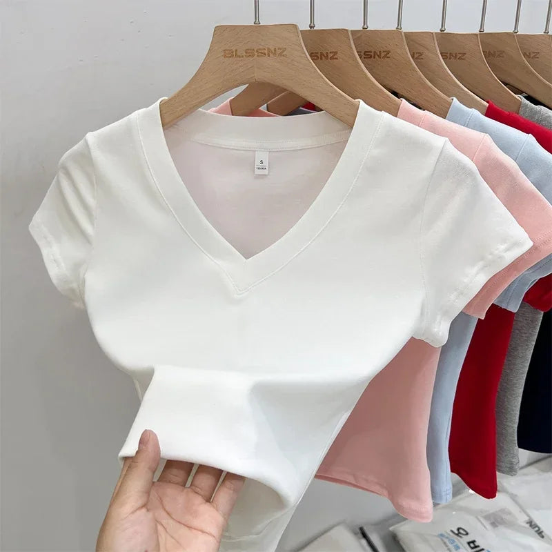 Women's Cotton V-Neck Slim Crop T-Shirt
