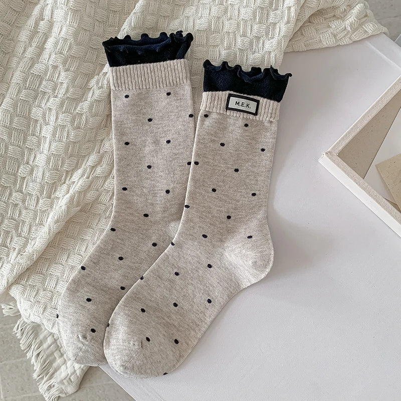 Women's Frilly Dots Preppy Long Cotton Socks – Sweet Knee High Socks - lily supply