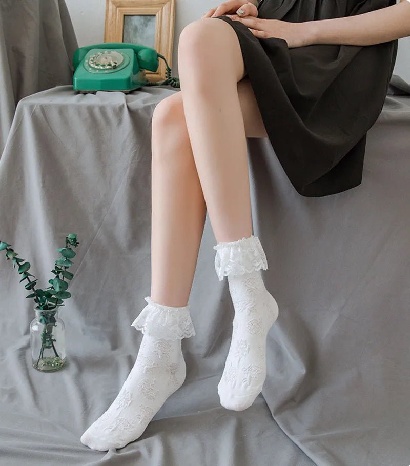 Women's Lolita Lace Ruffle Mesh Socks - Black White Sweet Japanese Fashion - lily supply