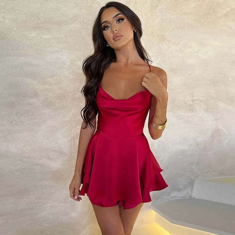 Women's Satin Cowl Neck Cross Tie-Up Jumpsuit