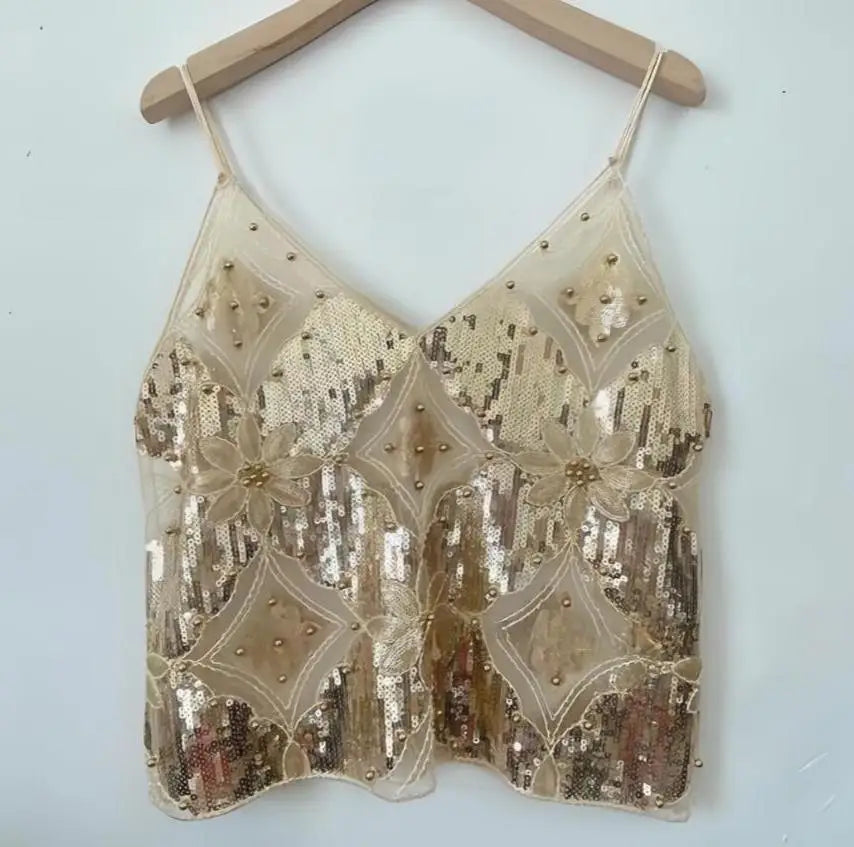 Women's Sequined Beaded Mesh Sparkly Cami Top