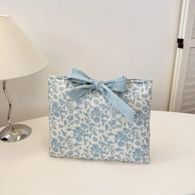 Blue Floral Bow Cotton Linen Tote Bag - Lightweight Daily & Beach Shoulder Bag - lily supply