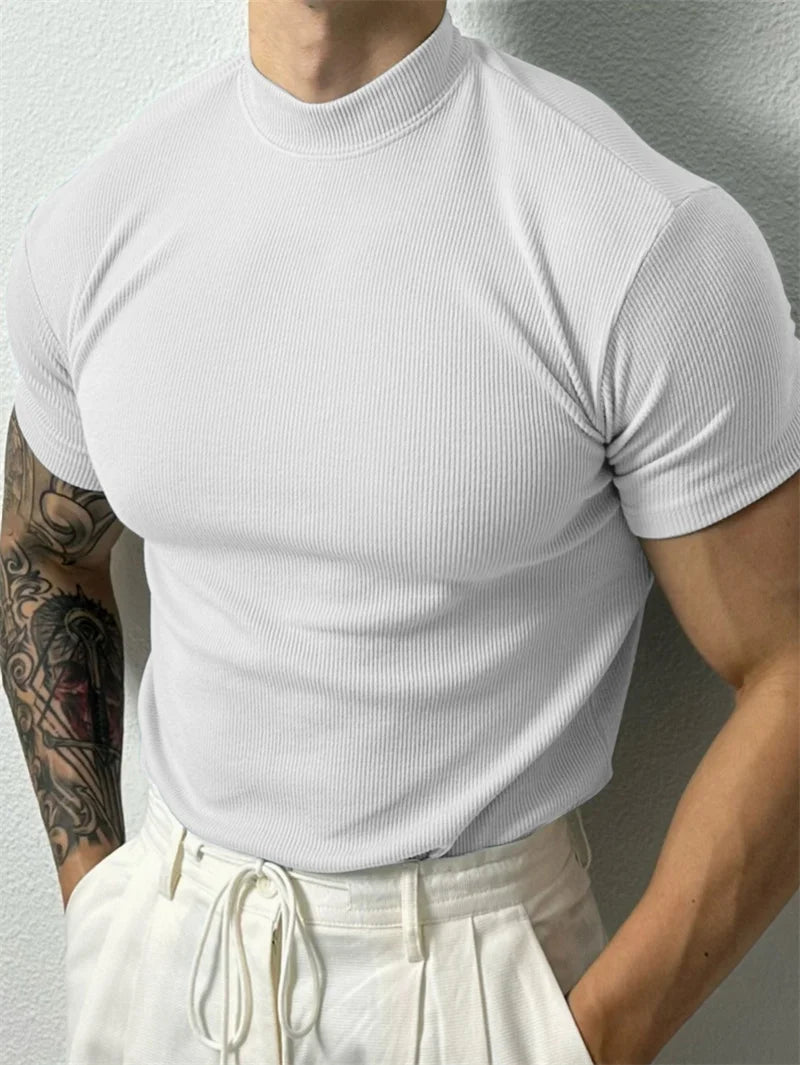 Men's High Collar Stripe Fitness Sport T-Shirt