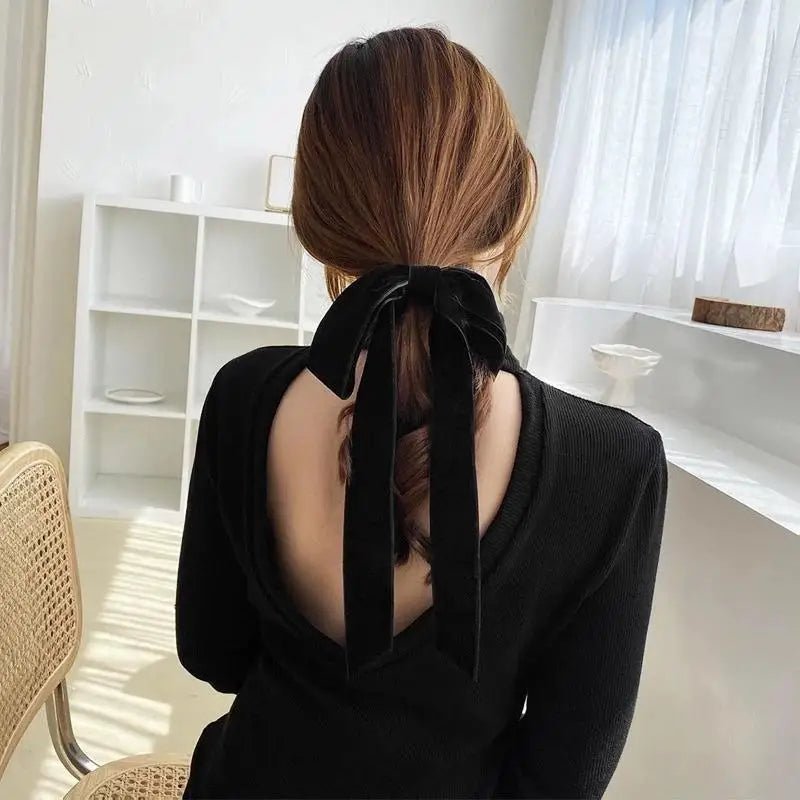 Vintage Black Velvet Bow Hair Ribbon Scrunchie - Long Elastic Hair Tie - lily supply