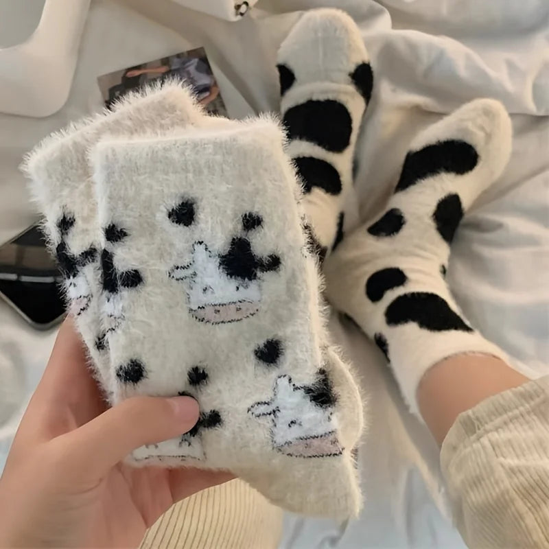 Women's Cute Cow Print Warm Plush Socks – Fluffy Novelty Socks