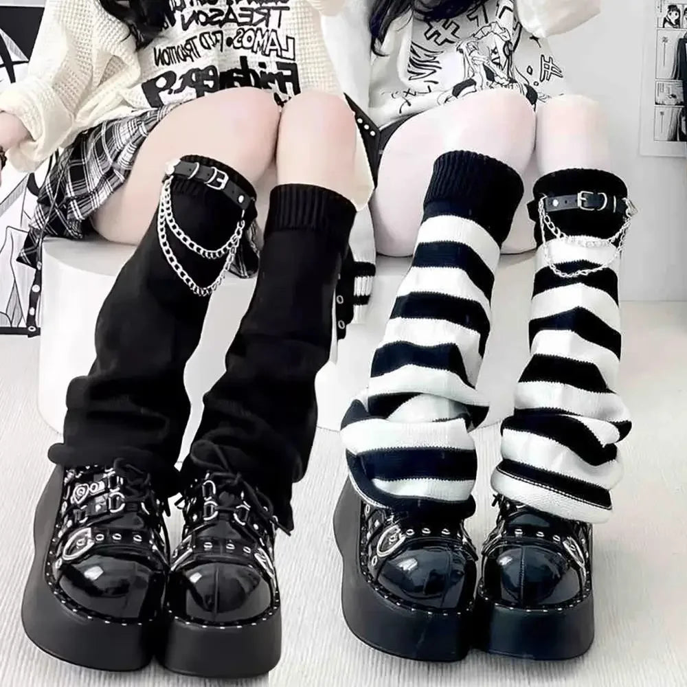 Black White Lolita Long Socks Knitted Japanese Winter Socks Gothic Women's Striped Leg Warmers Arm Ankle Warmers Wide Legs Cover