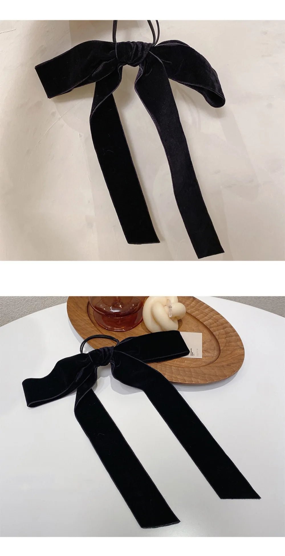 Vintage Black Velvet Bow Ribbon Scrunchie - Long Elastic Hair Tie for Women - lily supply