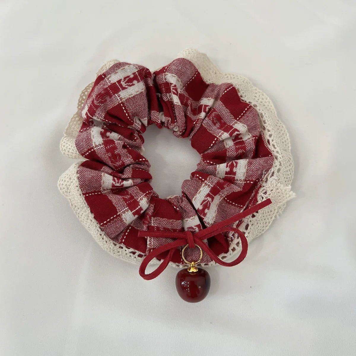 Red Check Cherry Lace Scrunchie - Sweet Square Scarf Hair Rope - lily supply
