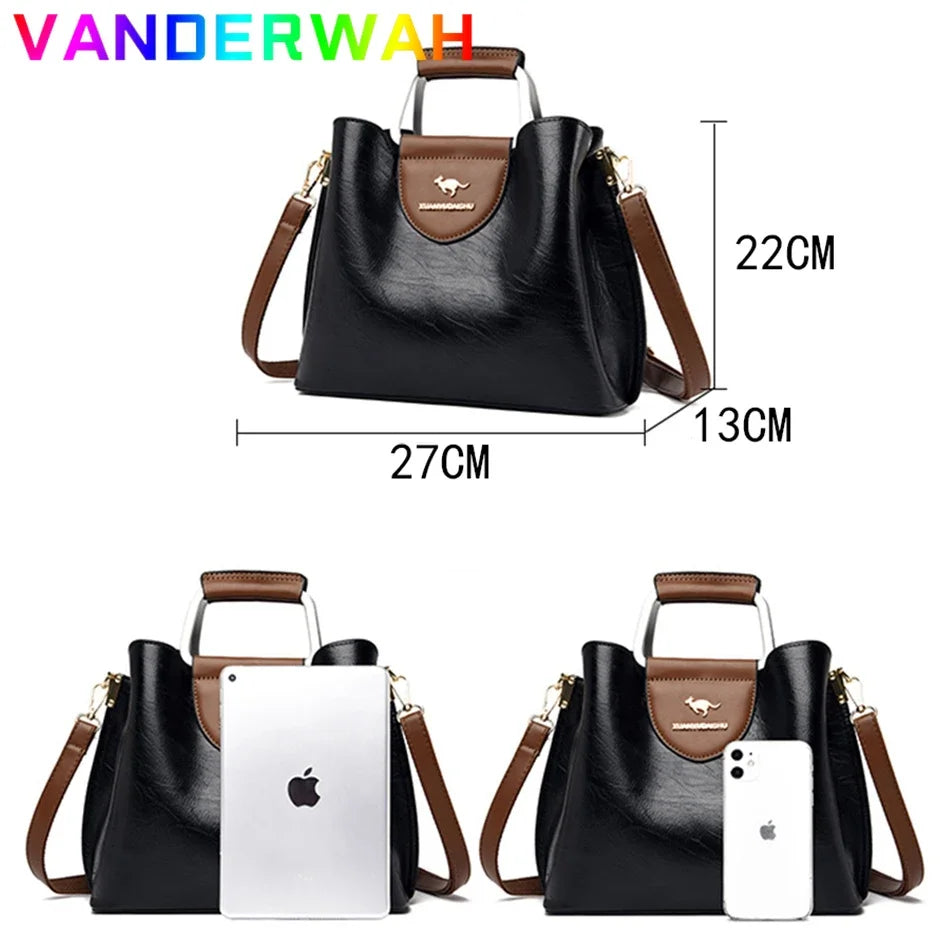 Women's 3-Layer Oil Skin Leather Luxury Designer Crossbody Tote Bag