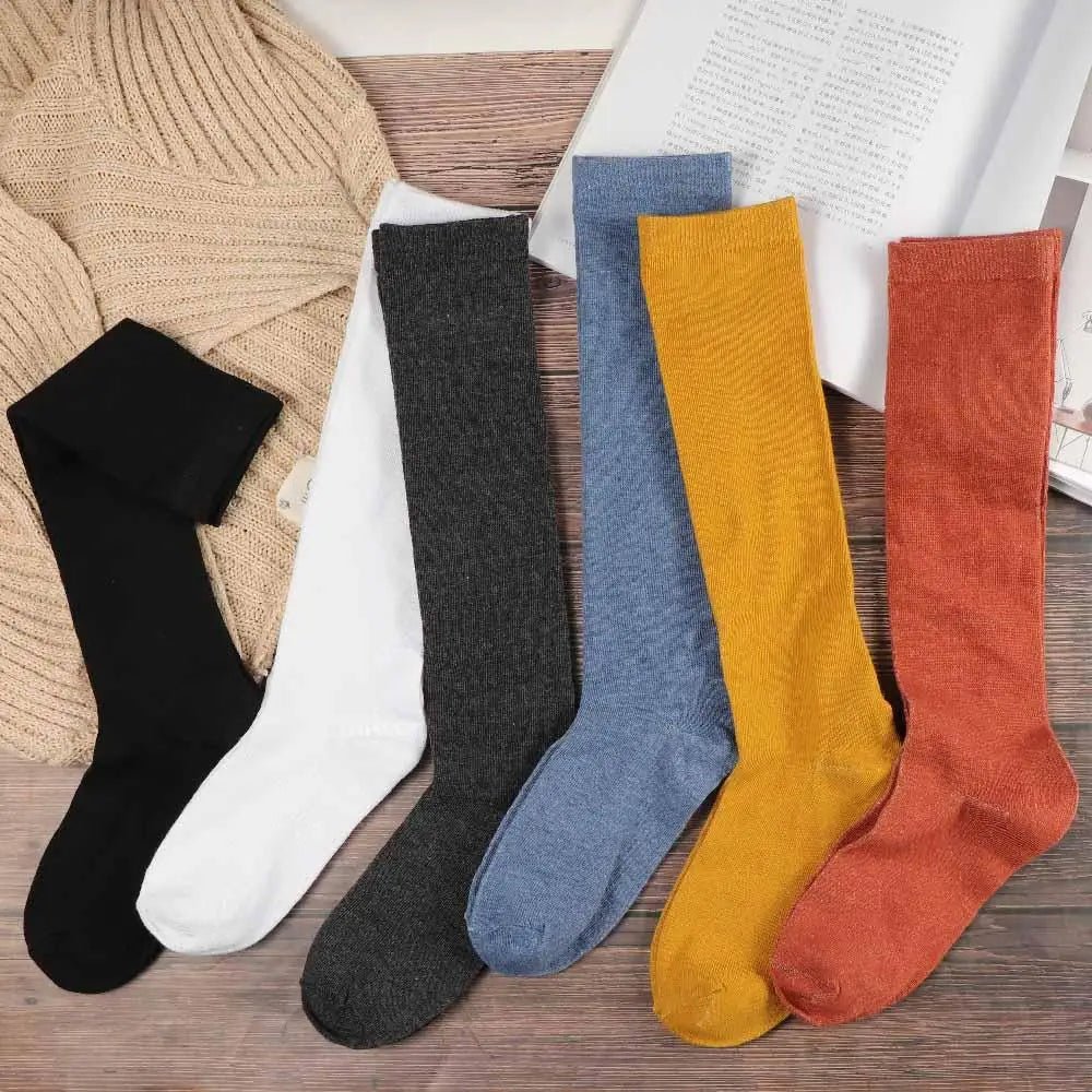 Women's JK Cotton Knee High Long Socks - Solid Colour Black White Calf Socks - lily supply