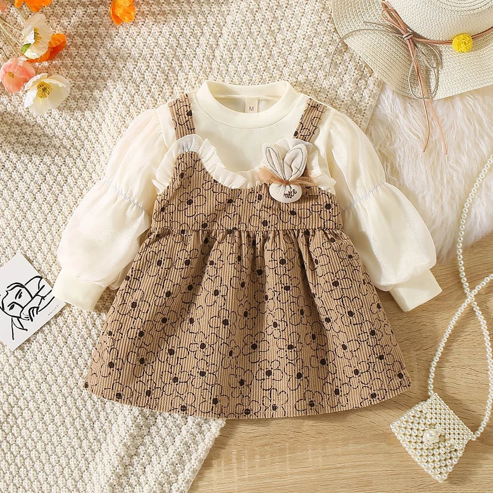 Girls Floral Puff Sleeve Autumn Dress | Bunny Lace Baby Girl Dress 9M - 3Y - lily supply