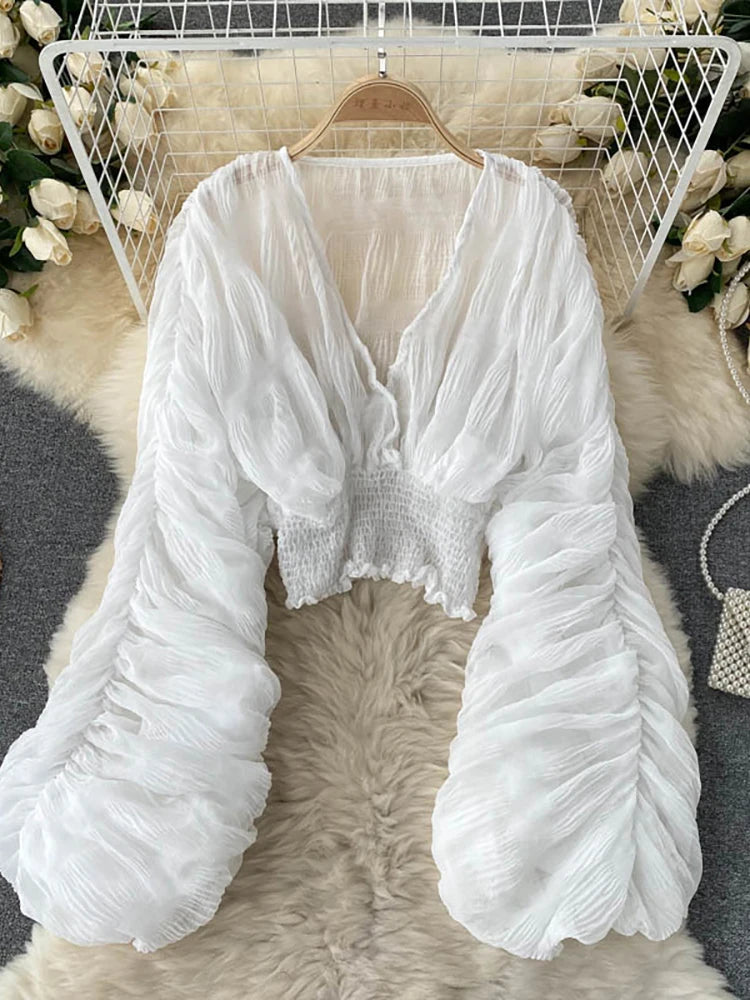 Women's Draped Chiffon Puff Sleeve Blouse