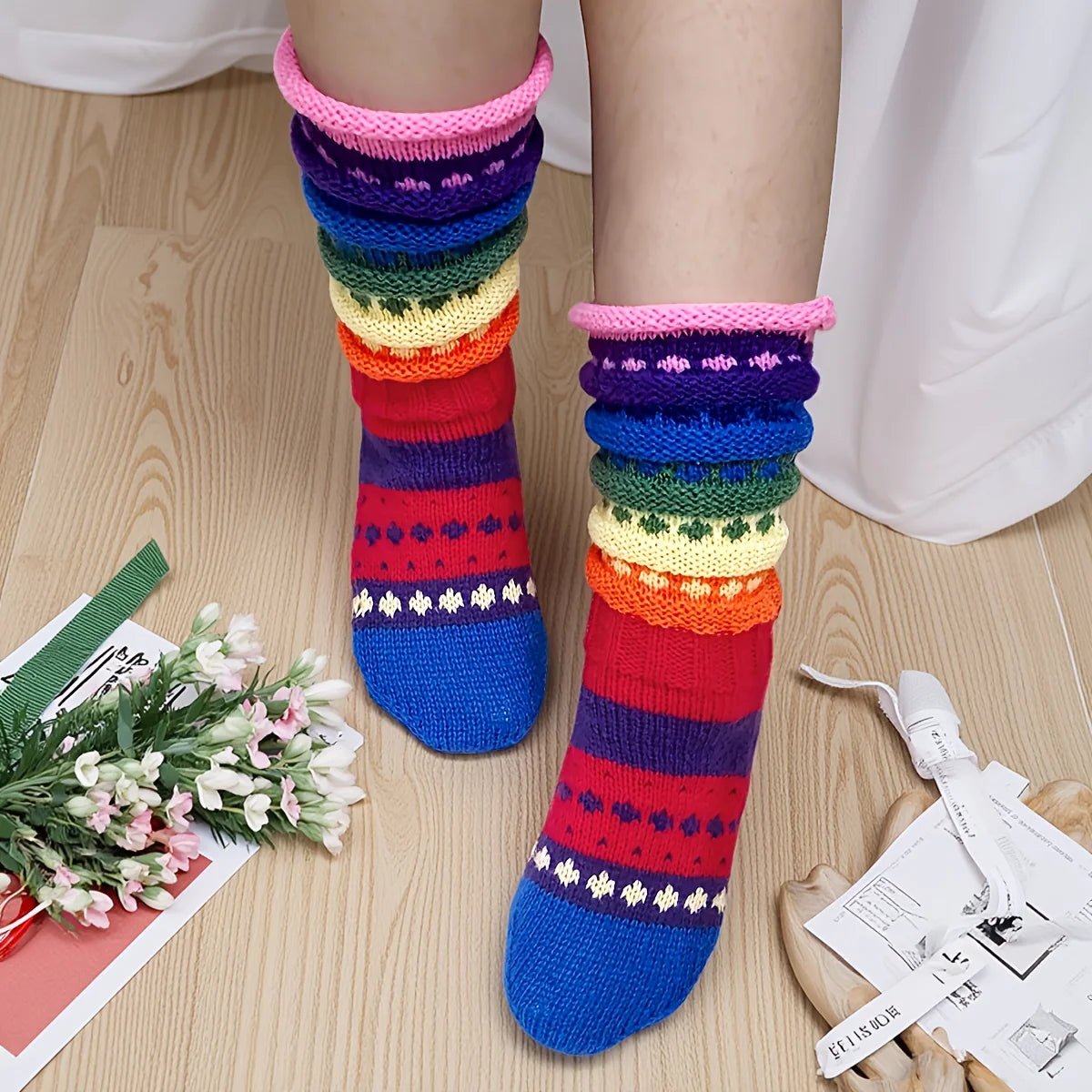 1 Pair Trendy Women's Colorful Striped Socks - lily supply