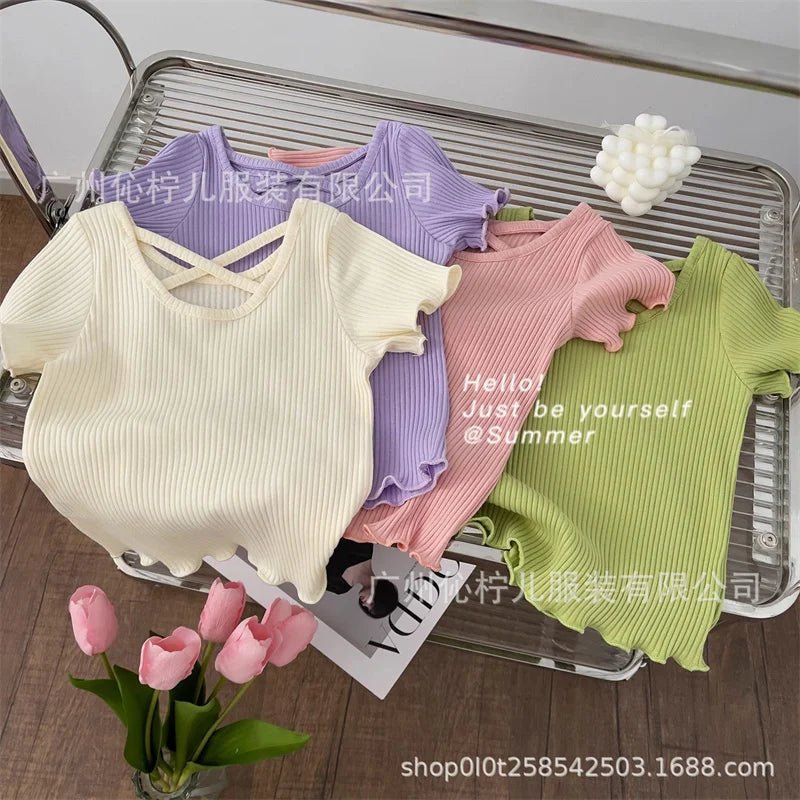 Girls Baby Summer T-Shirt Kids Solid Tops New Fashion Blouse Children Casual Cute Short - Sleeved Clothes 2 - 6 Years Old - lily supply