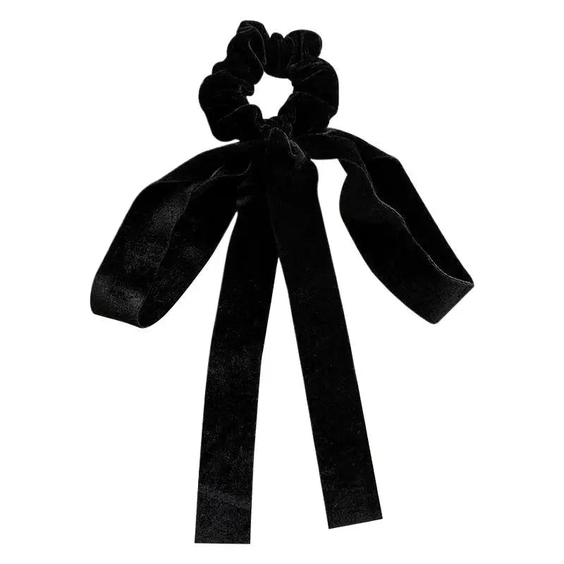 Vintage Black Velvet Bow Hair Ribbon Scrunchie - Long Elastic Hair Tie - lily supply