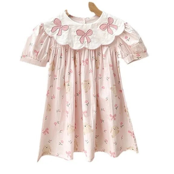Girls Bow Embroidered Princess Dress | Cartoon Print Short Sleeve Summer Dress 1 - 8Y - lily supply