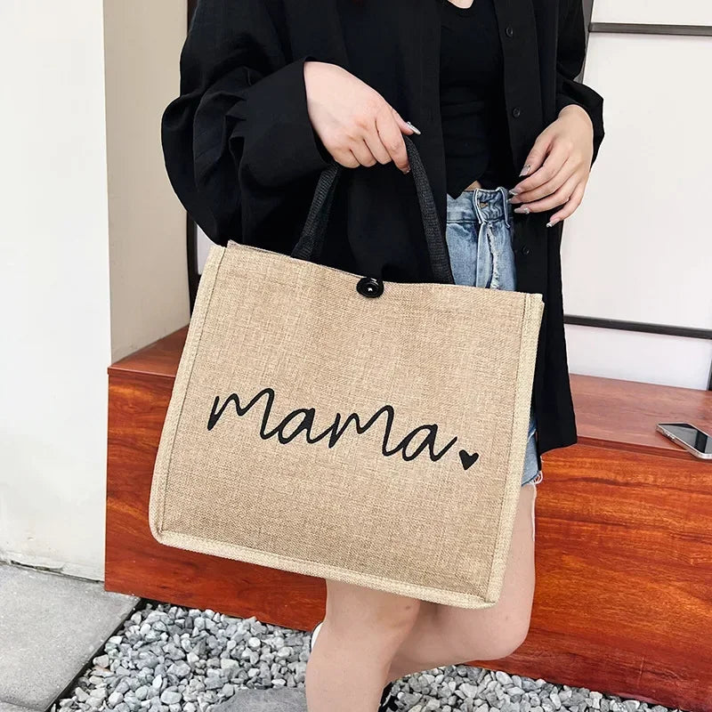 Mama Letter Print Linen Tote Bag - Large Capacity Baby Diaper Shoulder Bag