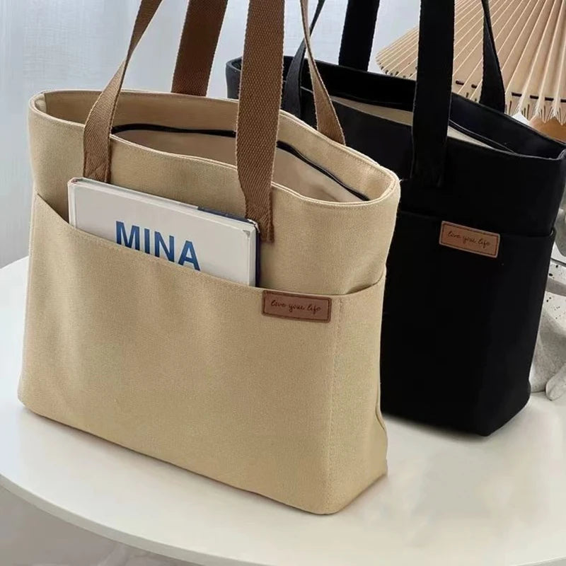 Women's 2-Layer Canvas Tote Bag - Large Capacity Student Commute Bag