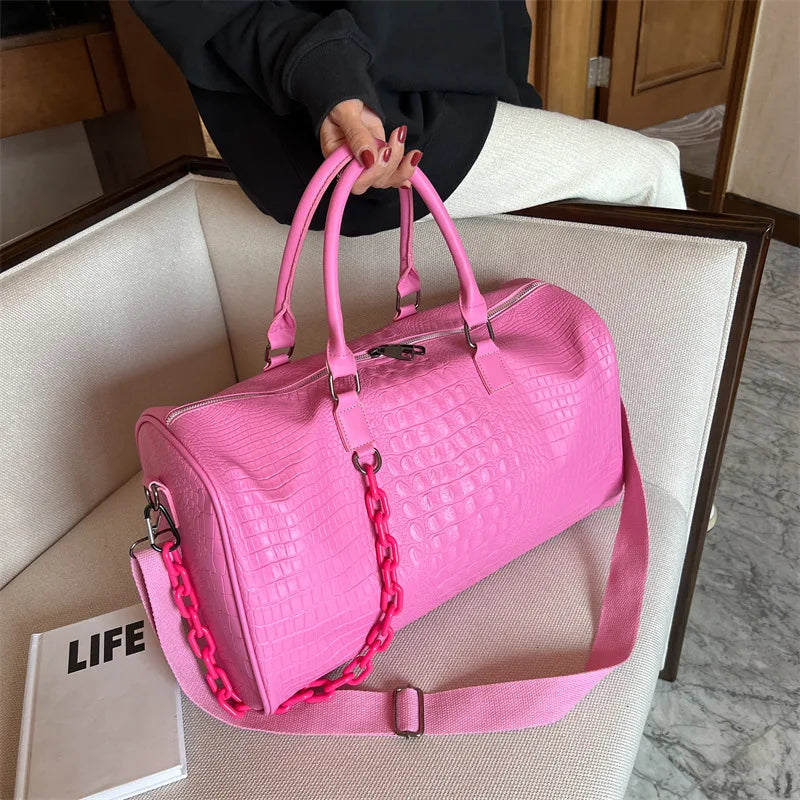 Women Travel Duffel Handbag Large Capacity Business Candy Color Shoulder Bag Waterproof PU Trip Commuting Gym Crossbody Pack