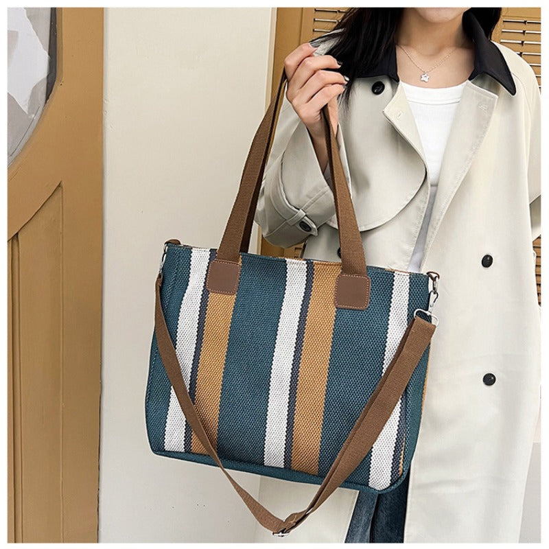 Women's Striped Canvas Crossbody Shoulder Bag - Large Tote 2023