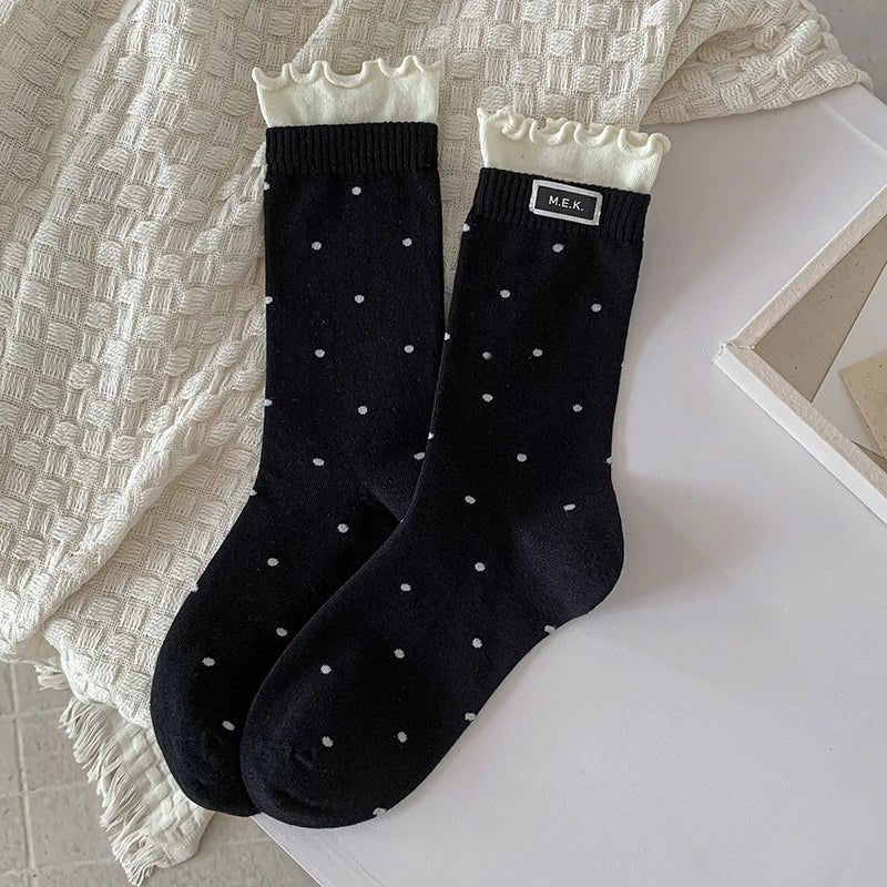 Women's Frilly Dots Preppy Long Cotton Socks – Sweet Knee High Socks - lily supply