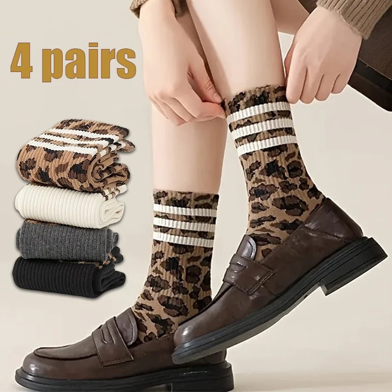 4 Pairs Women's Striped & Leopard Print Socks - Soft Breathable Fashion Mid Tube - lily supply