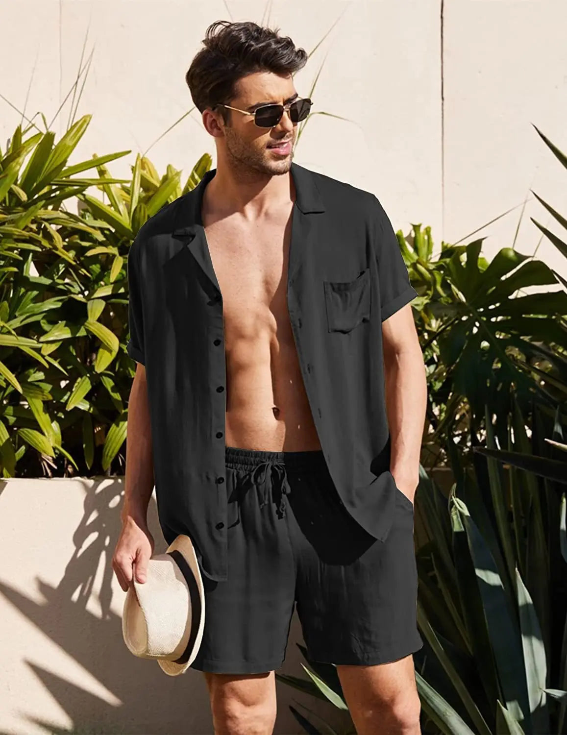 Men's Cotton Linen 2-Piece Beach Shirt Set