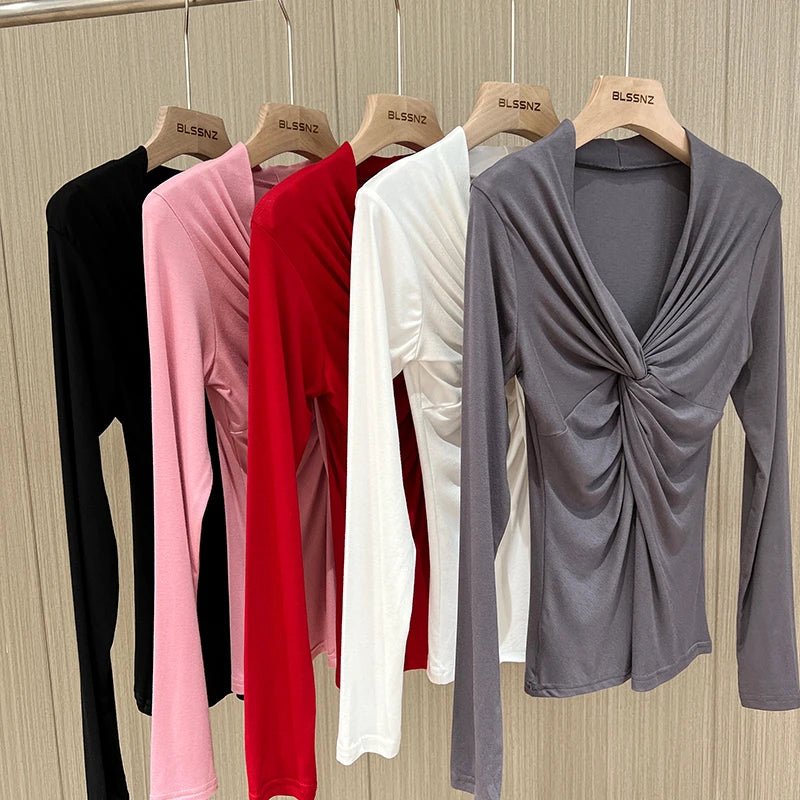 Girls Cotton Twisted V - neck T-Shirts Tees Female Long Sleeve High Elasticity Elegant Stretchy Tshirt Tops For Women - lily supply