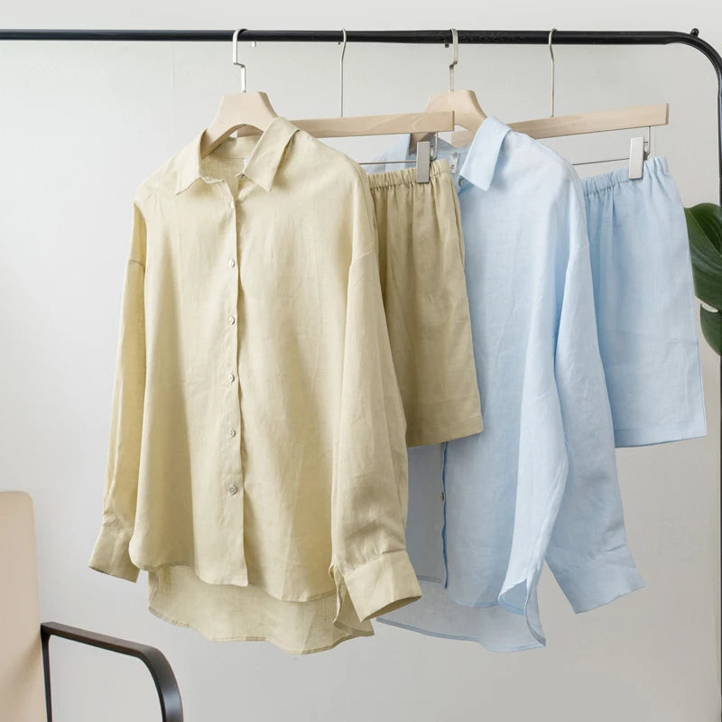 Women's Linen Blouse & Shorts Set