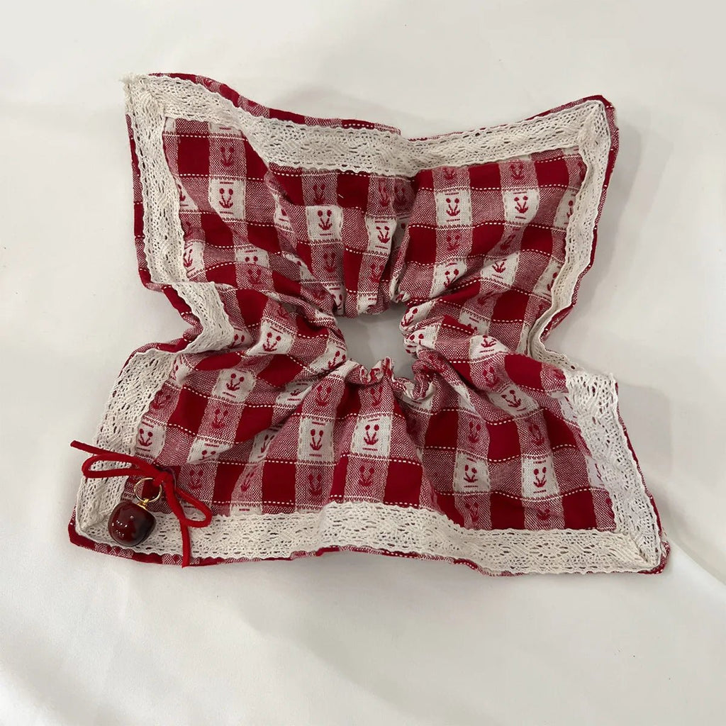 Red Check Cherry Lace Scrunchie - Sweet Square Scarf Hair Rope - lily supply