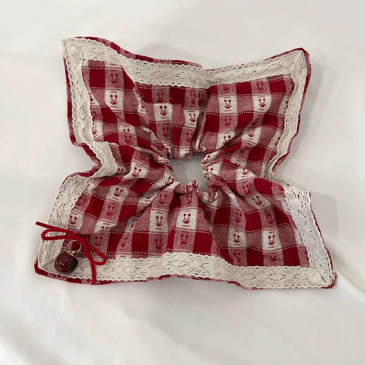 Red Check Cherry Lace Scrunchie - Sweet Square Scarf Hair Rope - lily supply