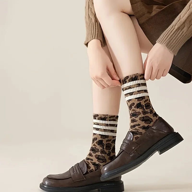 4 Pairs Women's Striped & Leopard Print Socks - Soft Breathable Fashion Mid Tube - lily supply