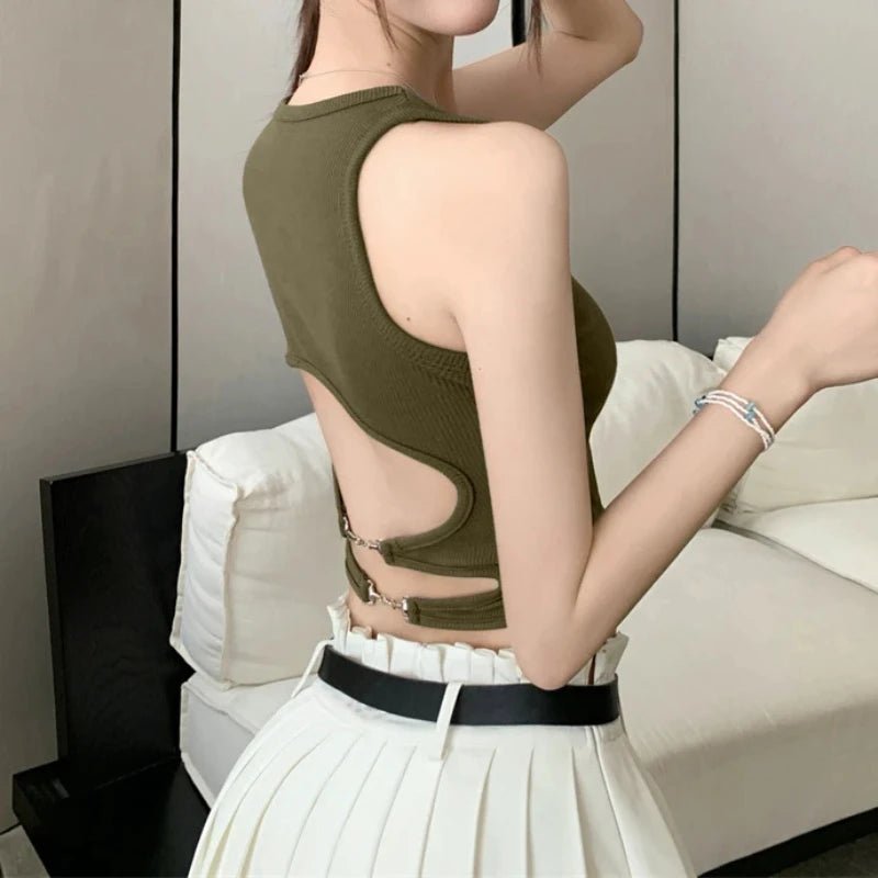 New Women Sports Tank Tops With Bra Pad Casual Crop Tops Backless Knitt Running Camisole For Women Streetwear Tops - lily supply