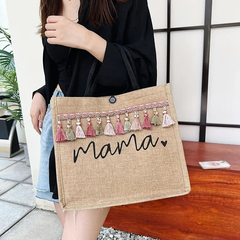 Mama Letter Print Linen Tote Bag - Large Capacity Baby Diaper Shoulder Bag