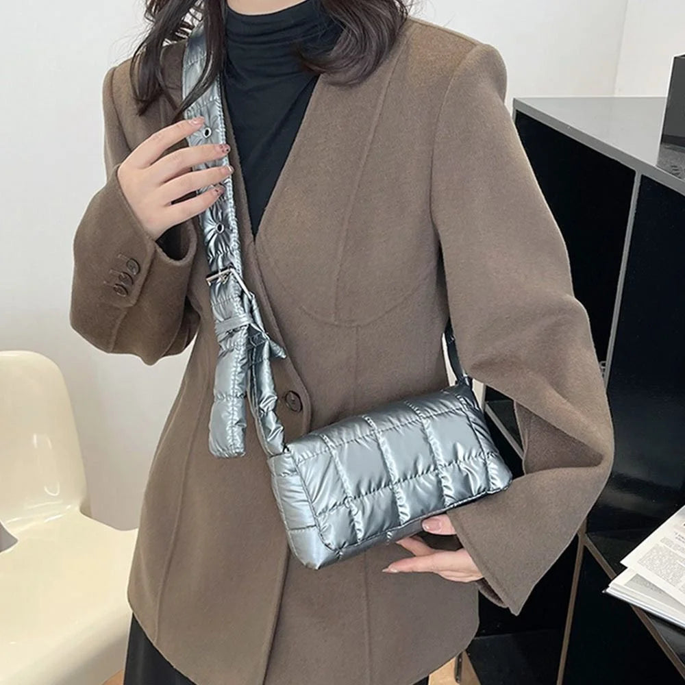 Fashion Quilted Padded Tote Bag - Warm Down Cotton Plaid Shoulder Bag