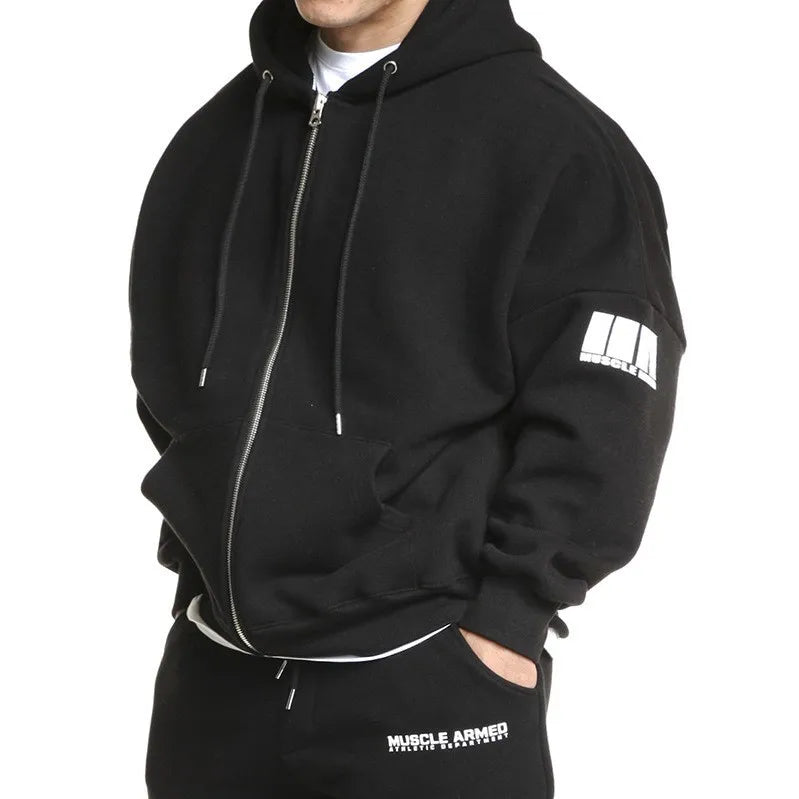 Men's Oversized Zip Hooded Gym Sweatshirt - Loose Running Training Jacket