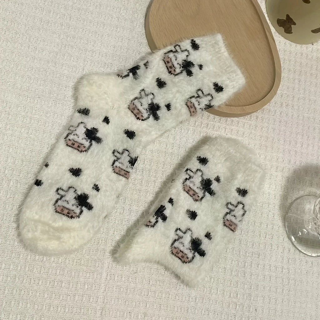 Women's Cute Cow Print Warm Plush Socks – Fluffy Novelty Socks - lily supply