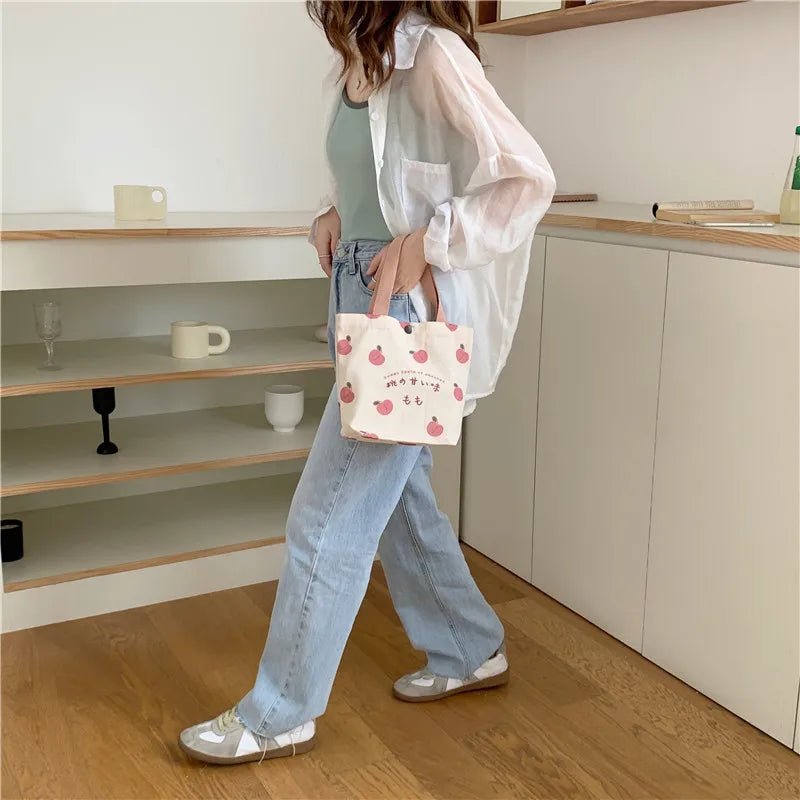 Japanese Peach Canvas Lunch Bag - Korean Mini Student Picnic Travel Bento Tote - lily supply