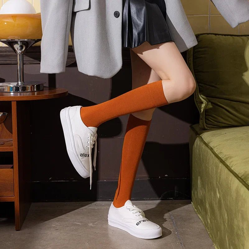 Women's JK Cotton Knee High Socks - Black White Slimming Japanese Korean Style - lily supply