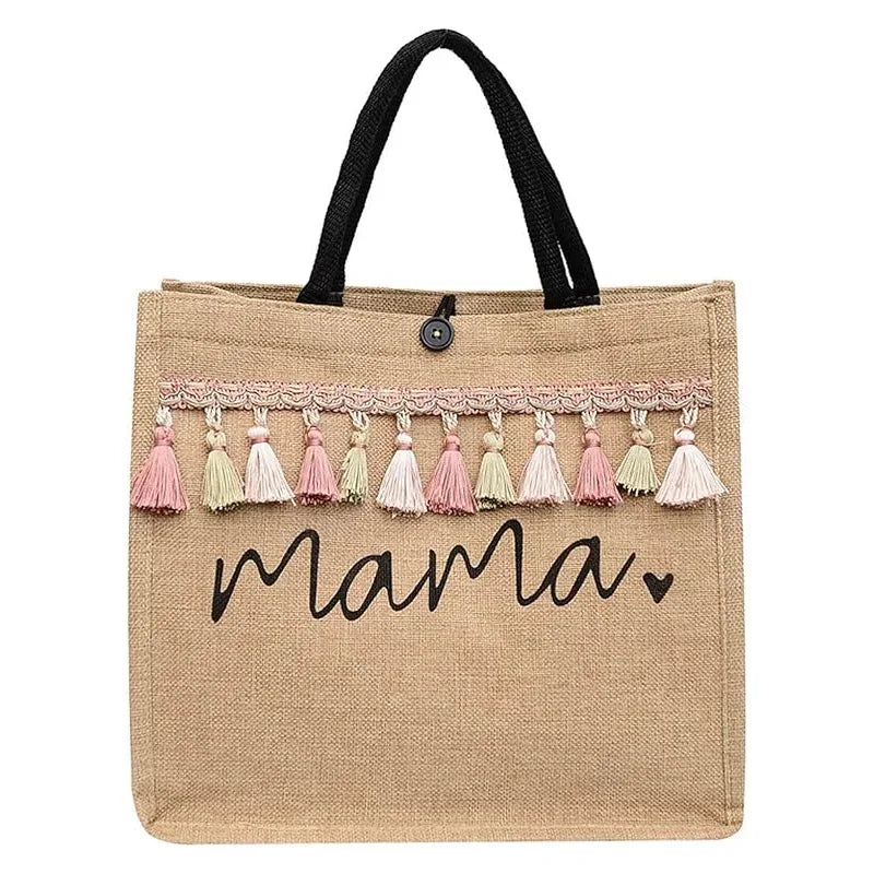 Mama Letter Print Linen Tote Bag - Large Capacity Baby Diaper Shoulder Bag