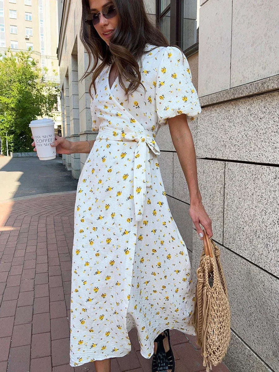 Women's Printed Lace-Up Cotton Maxi Dress