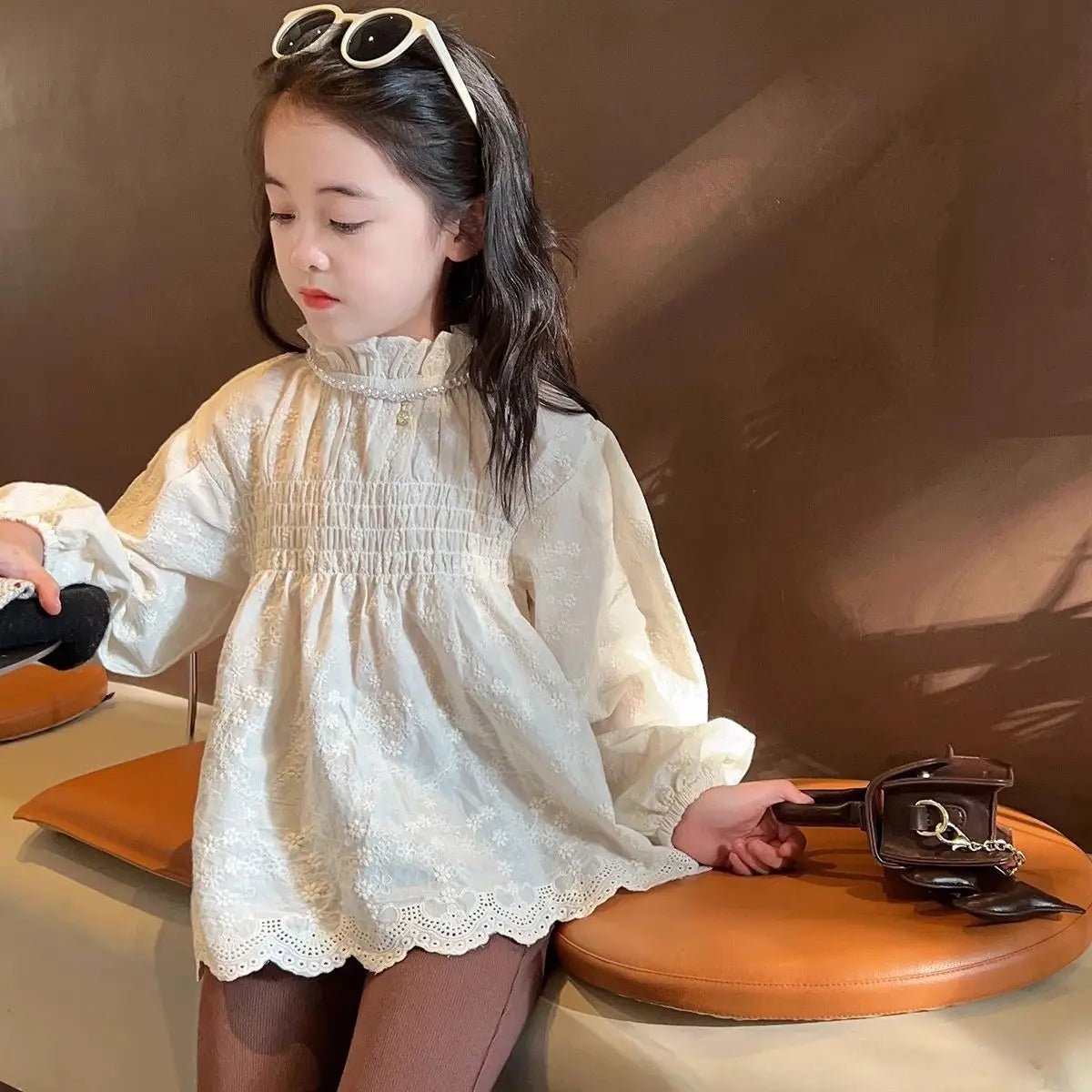 Girls shirt stand - up collar embroidered dark flower pleated top coat 2025 autumn clothes new children's clothing 3 - 8 years old - lily supply