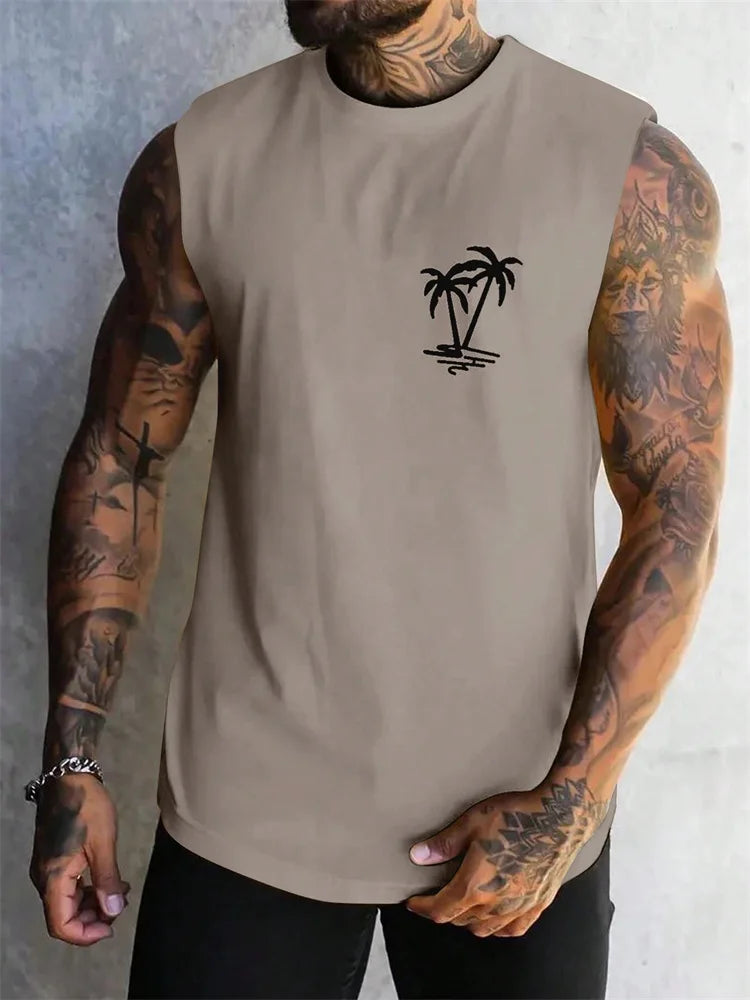 Men's Casual Coconut Tree Sleeveless Fitness Vest Top