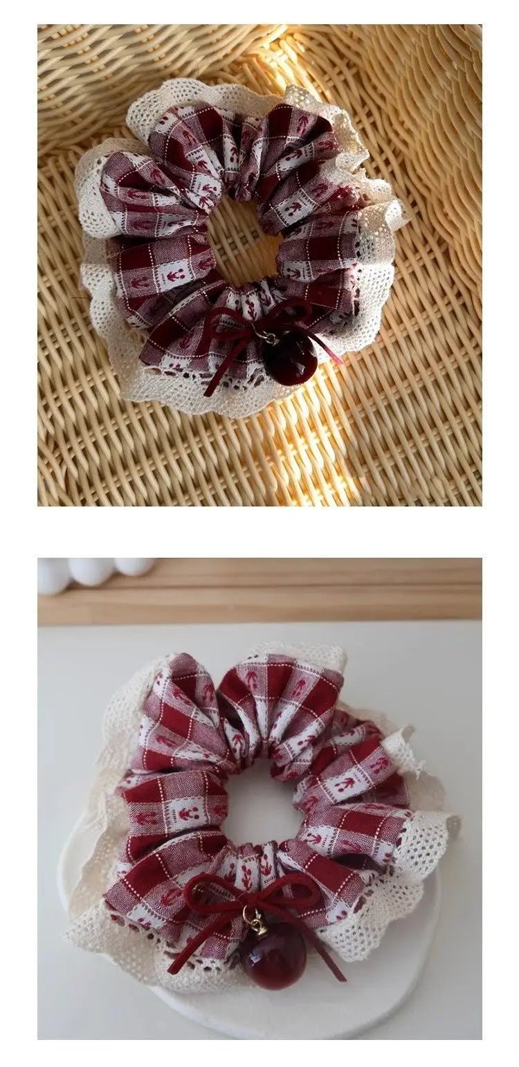 Red Check Cherry Lace Scrunchie - Sweet Square Scarf Hair Rope - lily supply