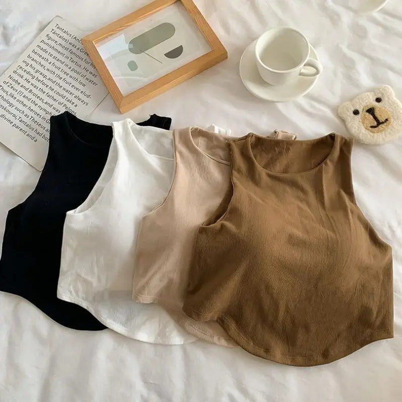 Summer Women Tank Tops Camisole  With Padded Bra Solid Color Sexy Off Shoulder O Neck Elastic Sport Vest  Push Up Base Shirt