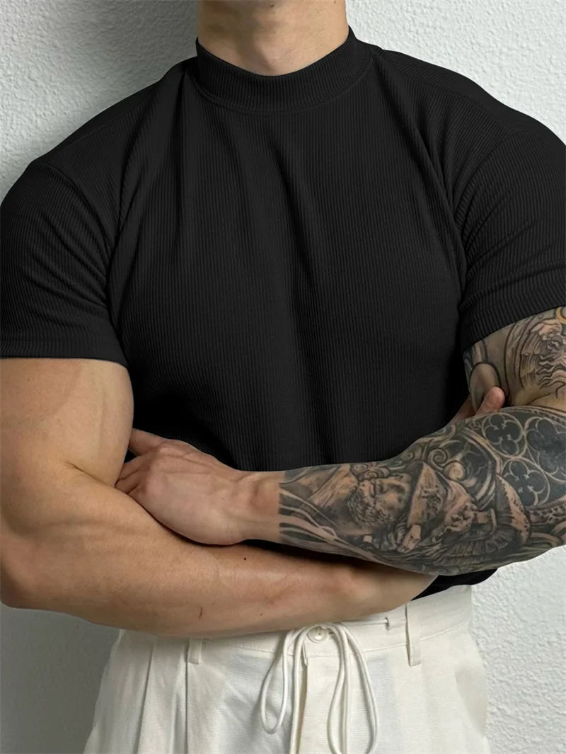 Men's High Collar Stripe Fitness Sport T-Shirt