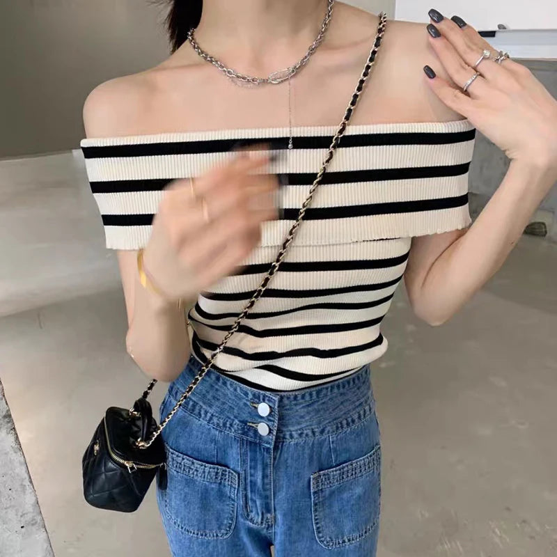 Women's Striped Knitted T-Shirt - Sexy Off Shoulder Short Sleeve Slim