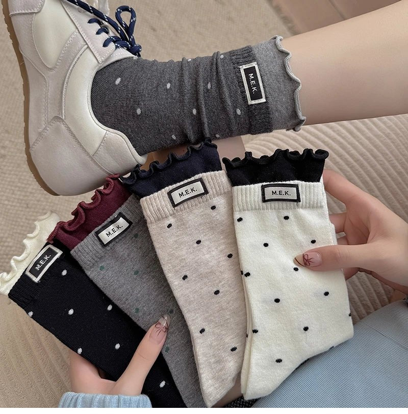 Women's Frilly Dots Preppy Long Cotton Socks – Sweet Knee High Socks - lily supply
