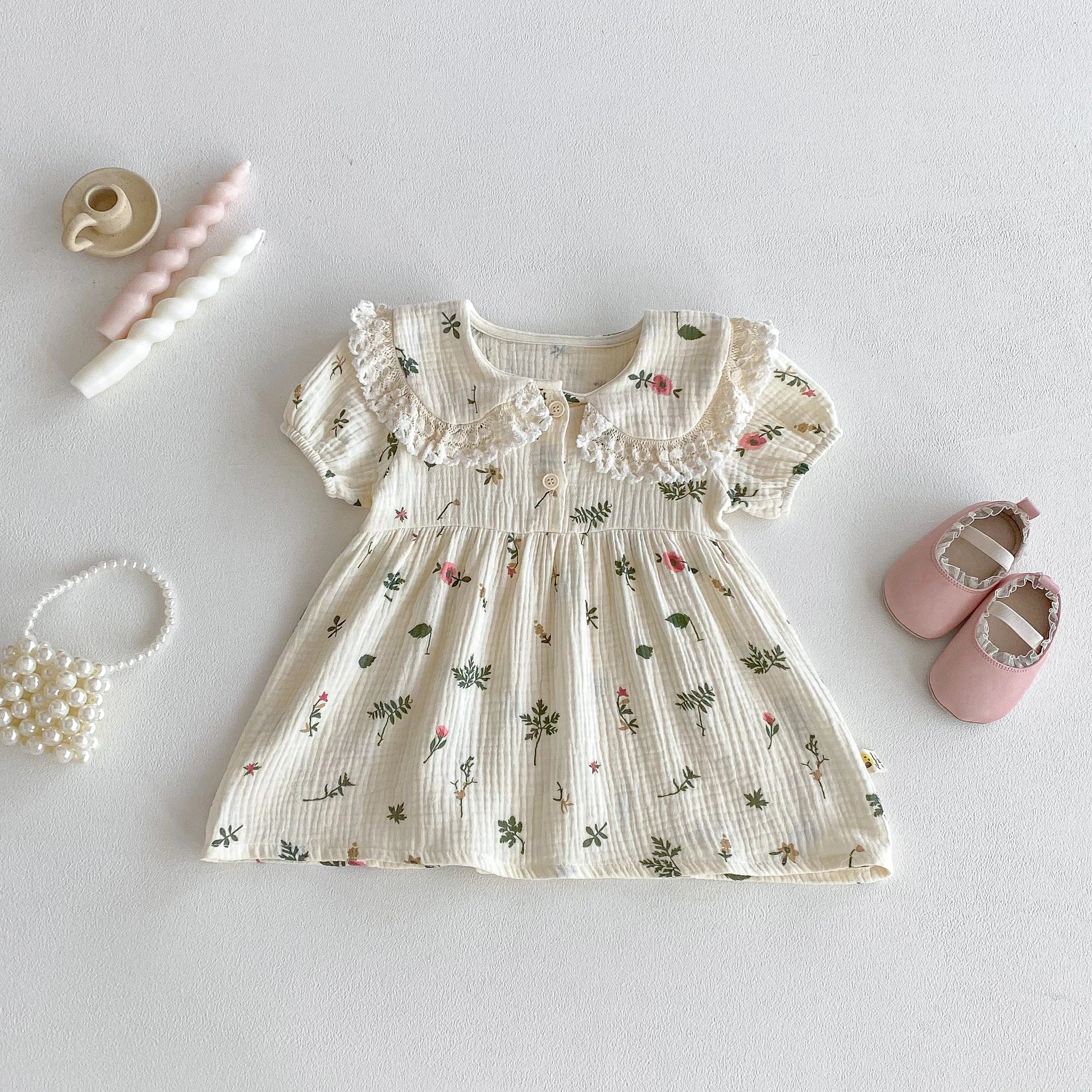 Baby Girls Floral Cotton Summer Dress | Stand - Up Collar Short Sleeve 9M - 4Y - lily supply